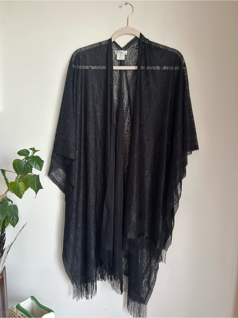 Aphorism Black Lace Sheer Kimono with Fringe Detail